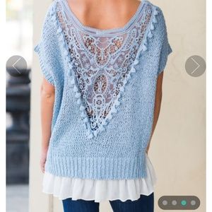 Blue Open Back Lace Sweater